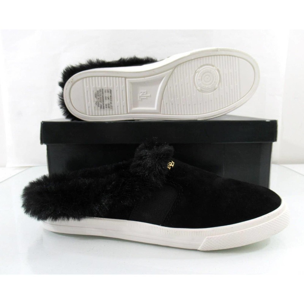 Ralph Lauren Jinny Mules Slip On Sneaker Cozy Faux Fur Trim Suede Black - Picture 8 of 8